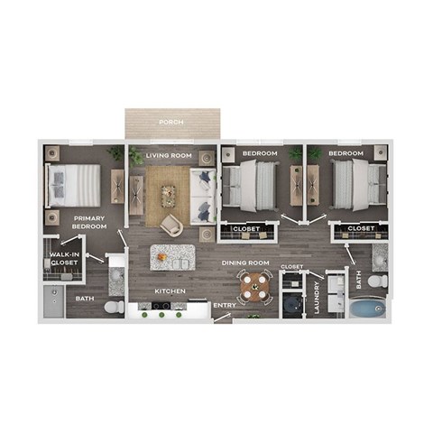 Floor plan for 3 beds, 2 baths, 1268 sqft